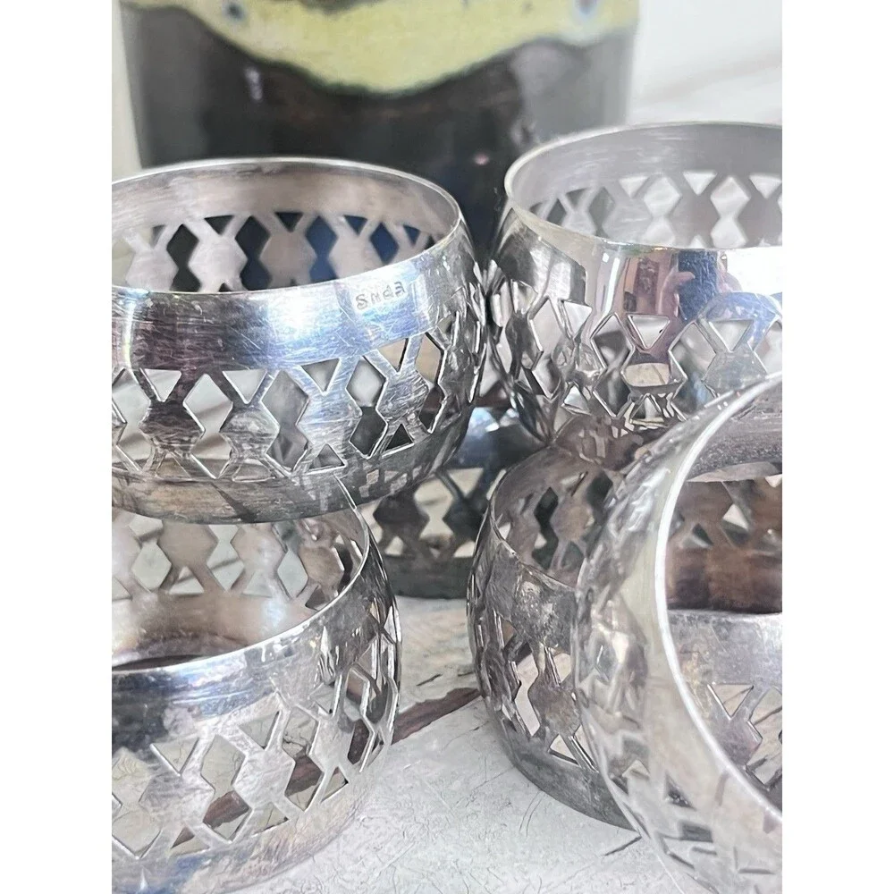 Vintage English Ornate Silver Plated EPNS Napkin Rings Tableware (Set Of 8)